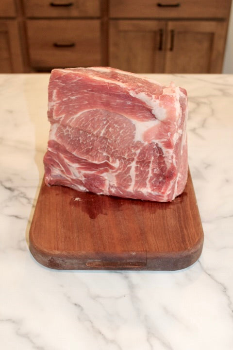 Raw farm fresh boston butt; duroc-sired, vegetarian fed, all farm fresh!