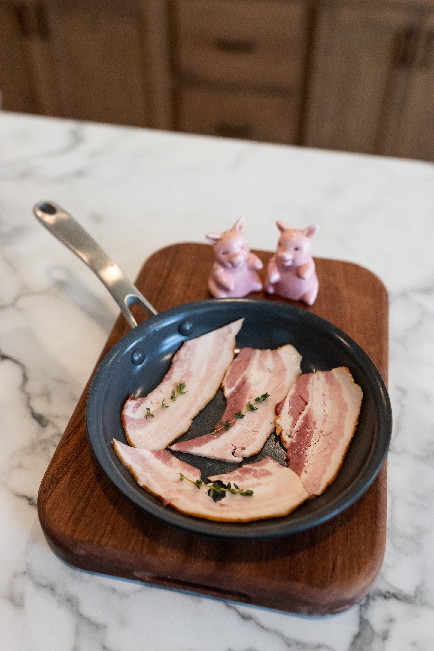 Bacon in a pan; rispy strips of Just Pork bacon cooked to perfection