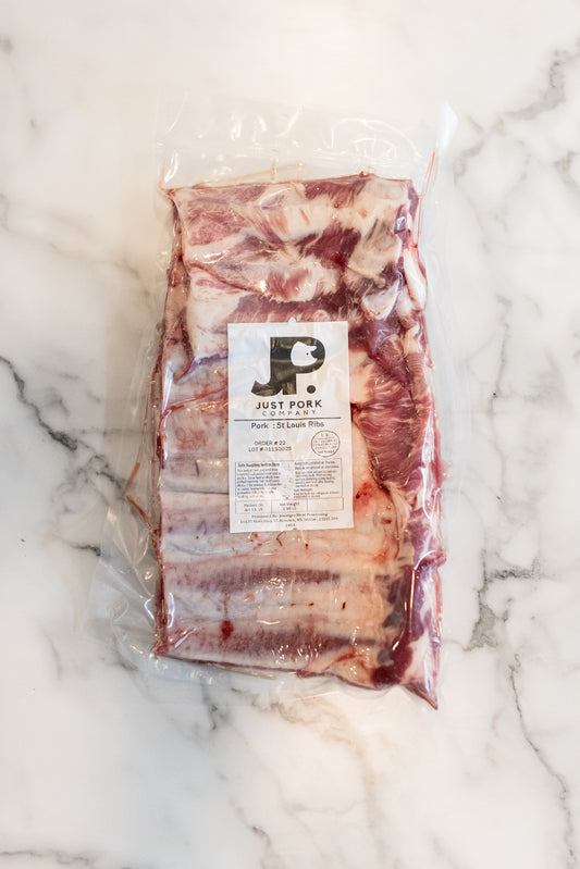 Just Porks St louis strip ribs package; Clean, locally raised pork ready to cook