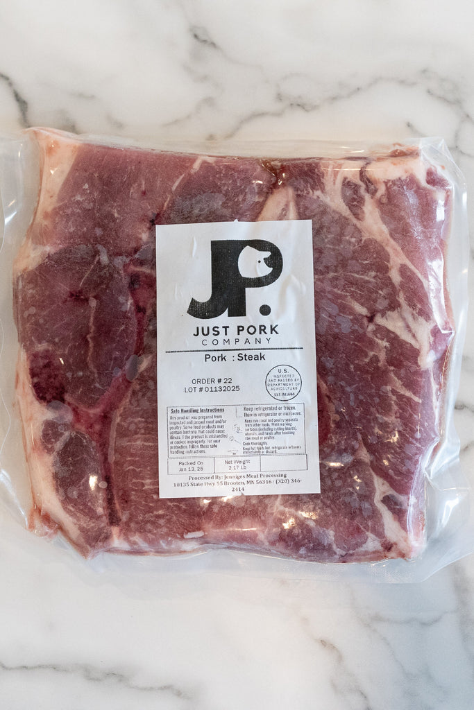 Frozen Pork Steak. Tender, thick-cut pork steak from farm-raised hogs