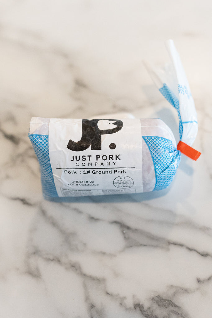 Package of Just pork's ground pork; Premium pork sourced from local Minnesota farm