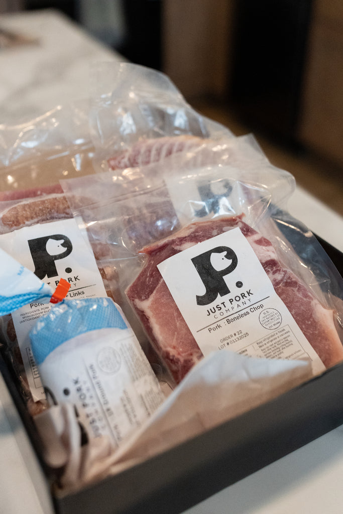 Just Pork bundle box including boneless pork chops, ground pork. bacon, sausage links and more